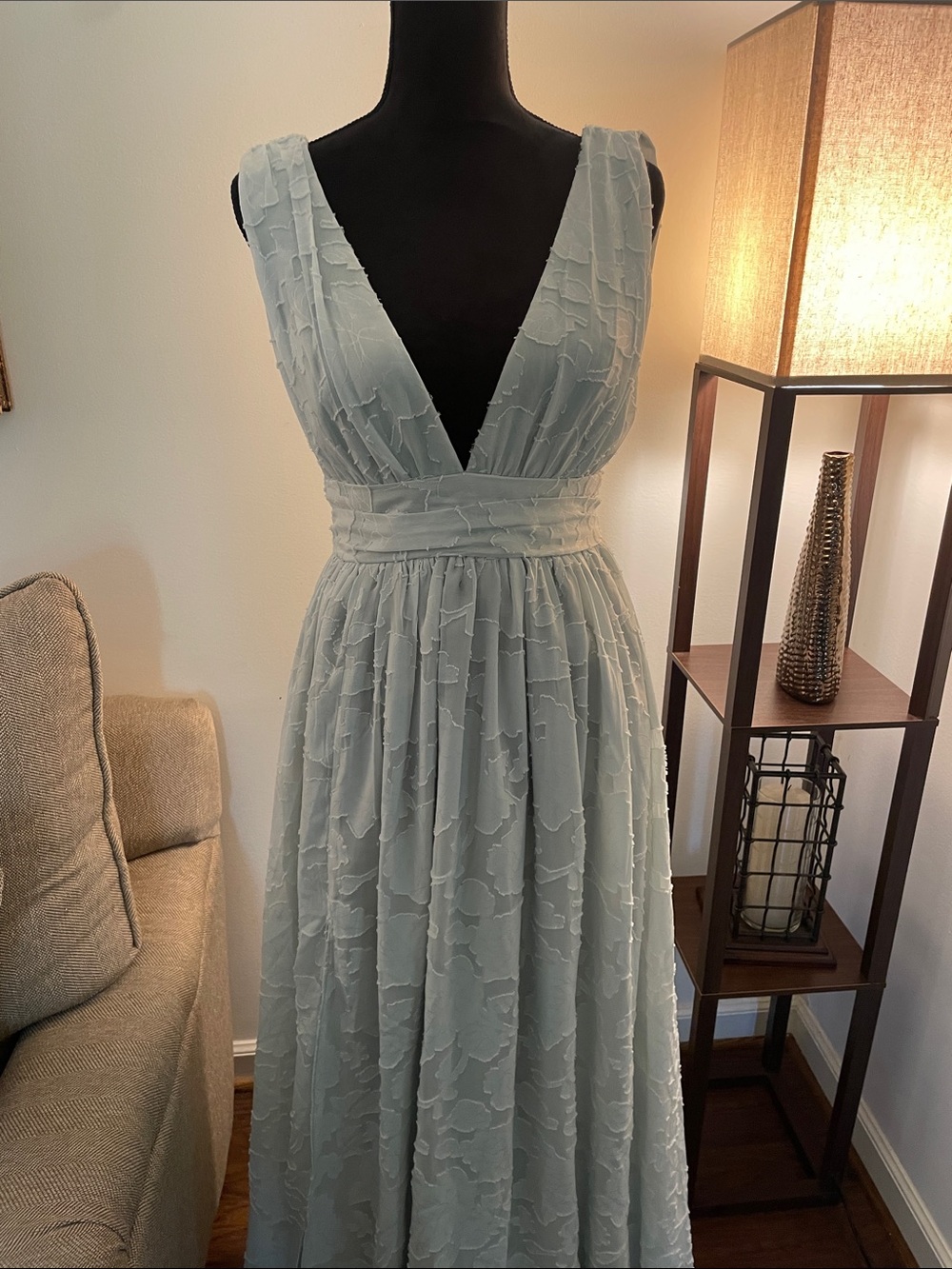 Lulu's Sage Green V-Neck Textured Chiffon Maxi Dress